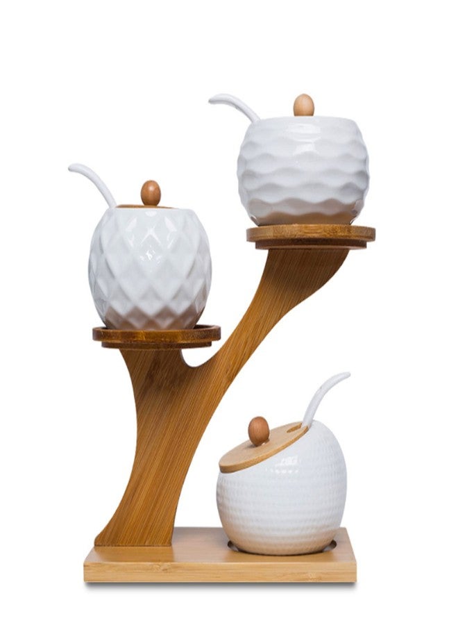 MIATTCLD Porcelain Condiment Jar Set, Spice Jars with Bamboo Lids and Spoon, Wooden Tray, 170 ML (5.8 OZ), Used to Store Tea, Spices, Coffee, Set of 3(White) - Image 1